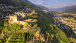 Aerial view of landscape of Valtellina with his vineyards, Grumello, Lombardy.